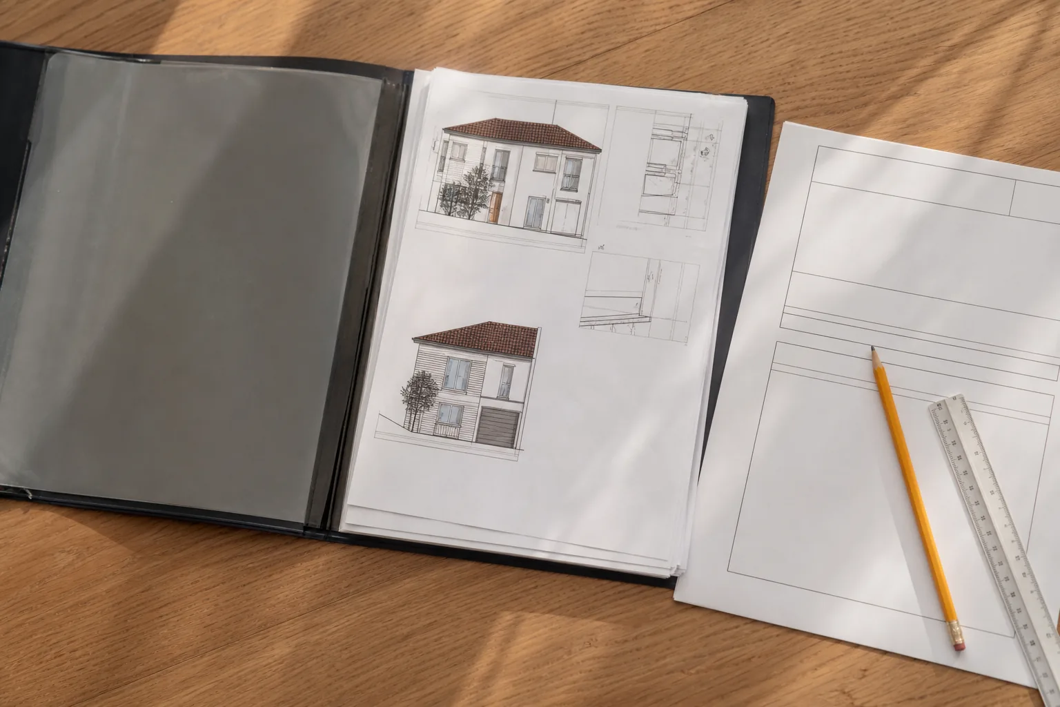 Dossier de permis de construire ouvert sur un bureau, plans de façade et formulaire administratif