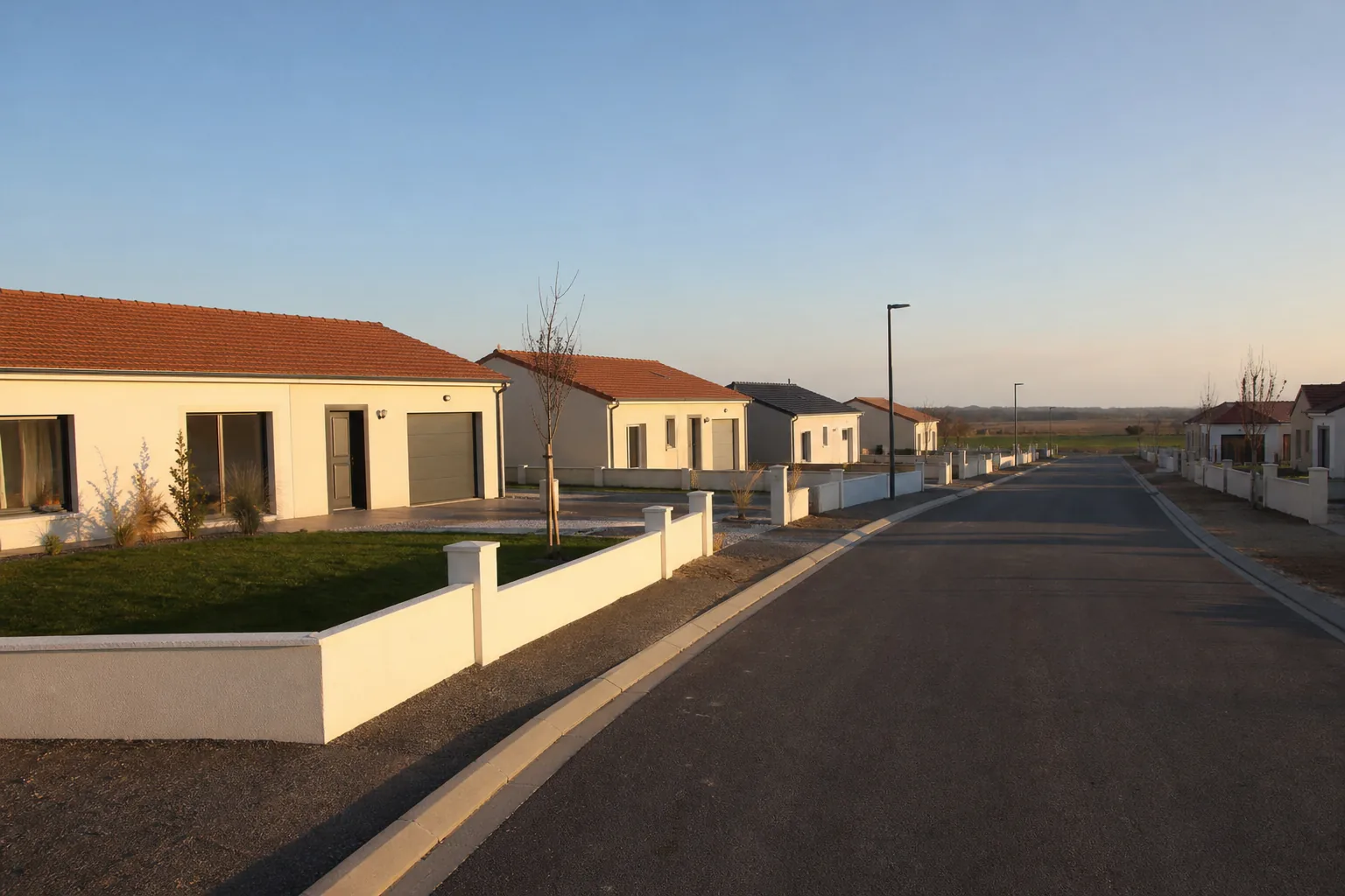 Lotissement récent de maisons individuelles sur terrain plat dans l’est lyonnais