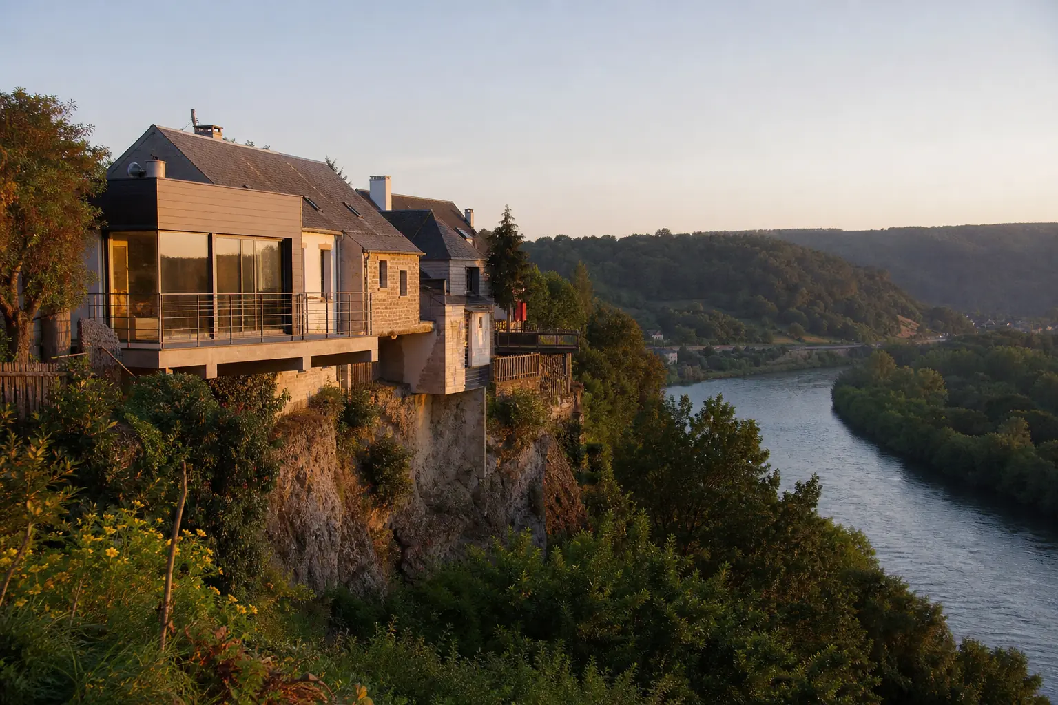 Maisons individuelles au-dessus de la vallée du Rhône au sud de Lyon, coteaux en arrière-plan