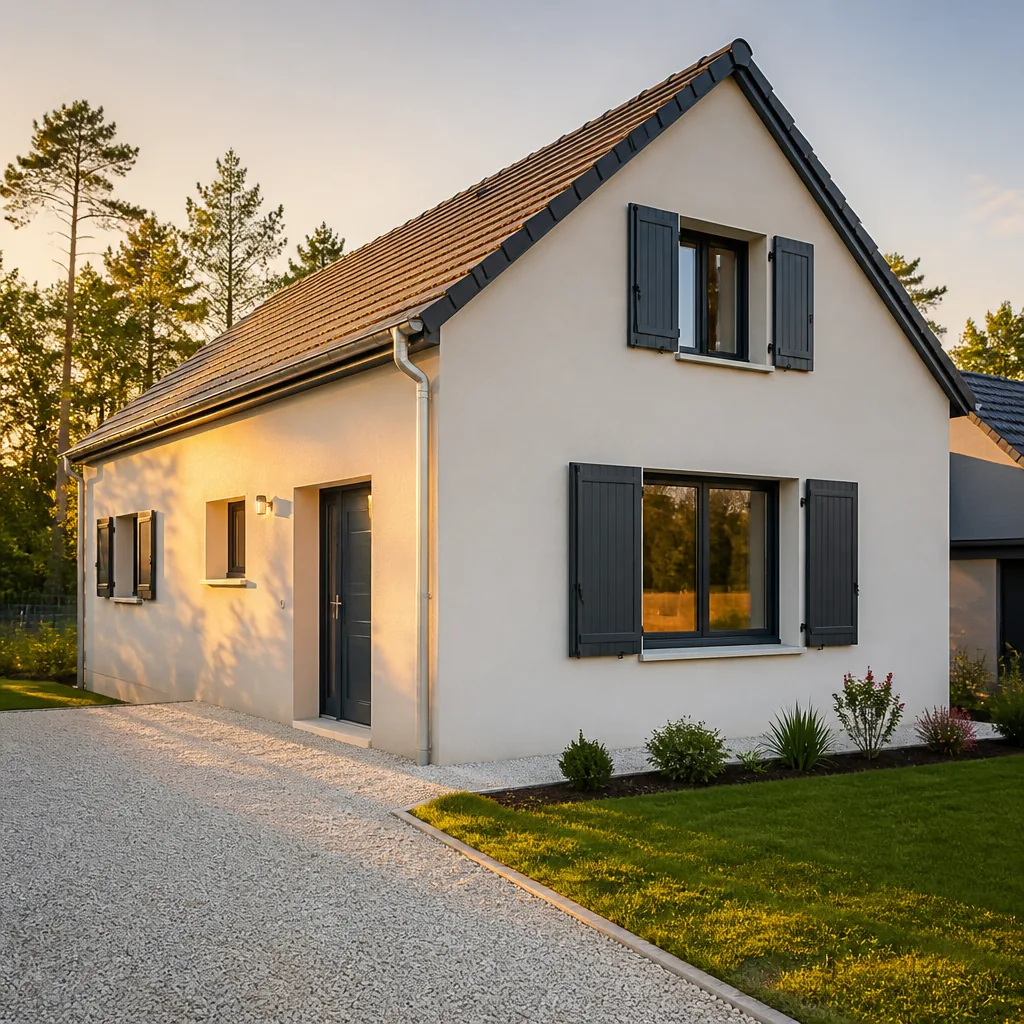 Maison individuelle neuve achevée, volets ouverts, allée en gravier fraîchement posée