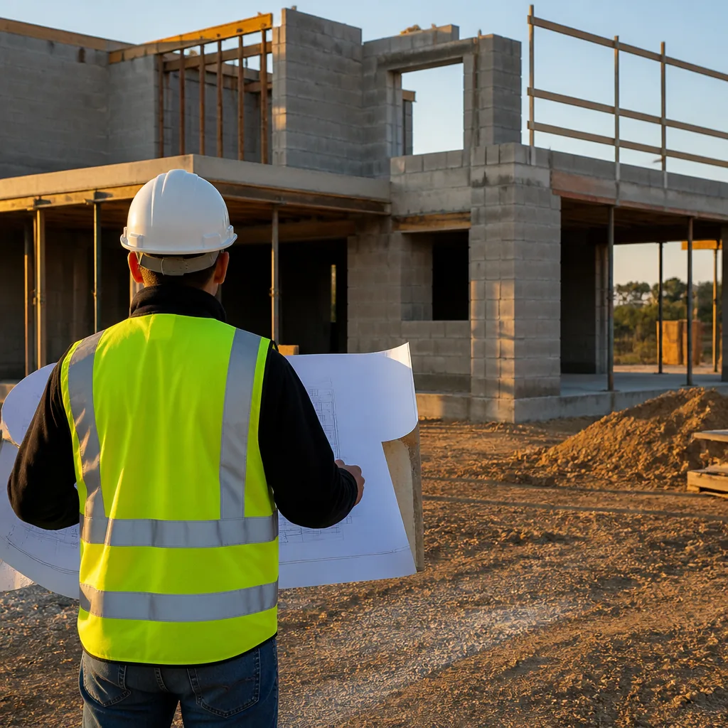 Personne de dos en gilet et casque consultant un plan devant le gros œuvre d’une maison en construction