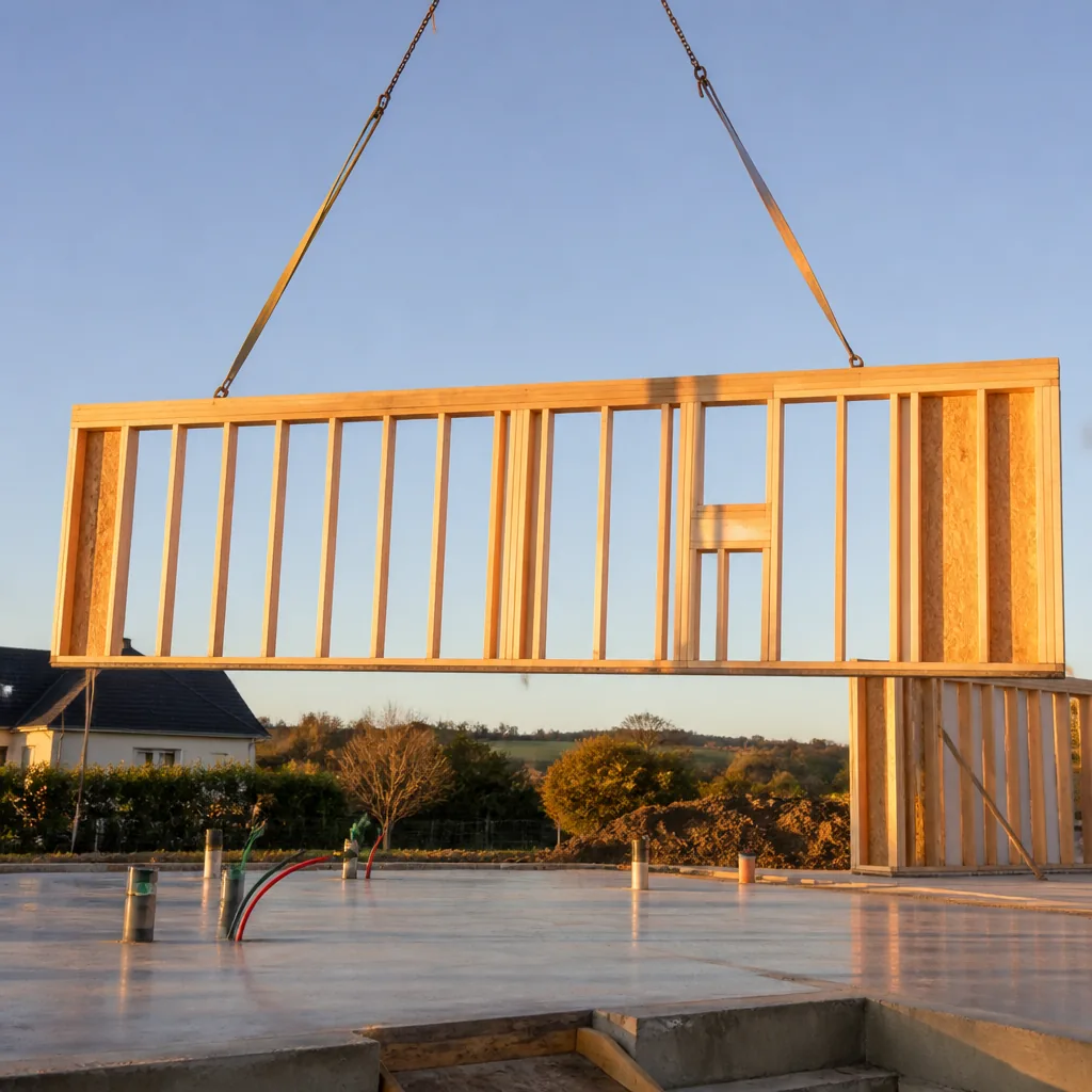 Mur à ossature bois préfabriqué levé à la grue au-dessus d’une dalle béton