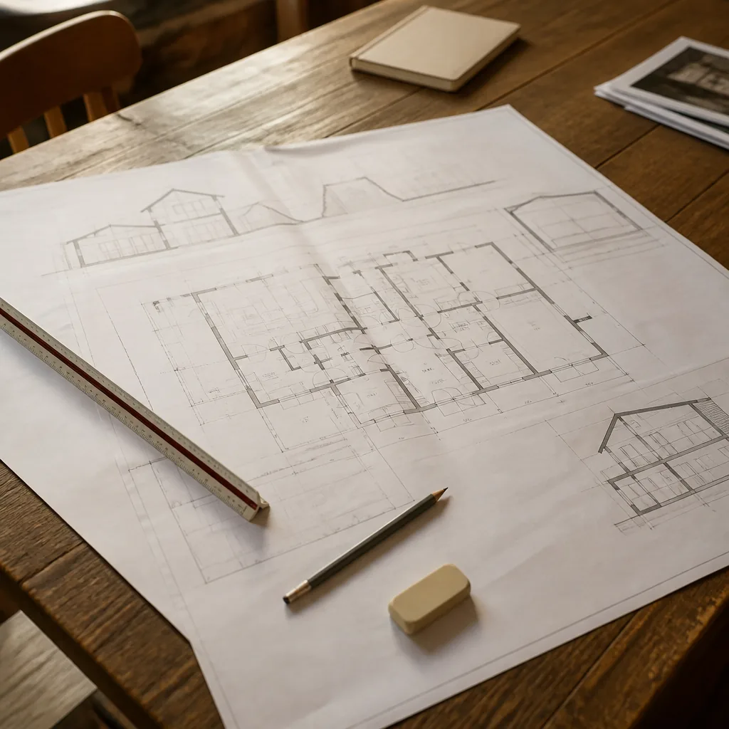 Plans de maison déroulés sur une table, règle d’échelle et crayon posés dessus